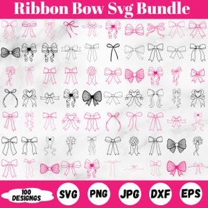 May include: A collection of 100 ribbon bow designs in SVG, PNG, JPG, DXF, and EPS formats. The bows are in black and pink, with various styles including line art and filled designs. The text "Ribbon Bow Svg Bundle" is at the top.