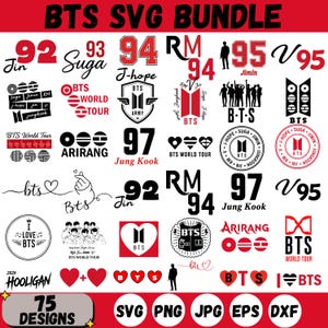 May include: A digital collection of 75 BTS-themed graphic designs in red and black. The bundle includes various logos, member names like Jin, Suga, J-hope, RM, Jimin, V, and Jung Kook, birth years, heart icons, and text reading BTS WORLD TOUR and ARIRANG.