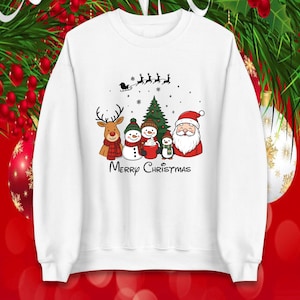 Świąteczny sweter z kreskówkowym motywem | Koszulka z Mikołajem, reniferem i pingwinem | Bluza z kapturem dla całej rodziny