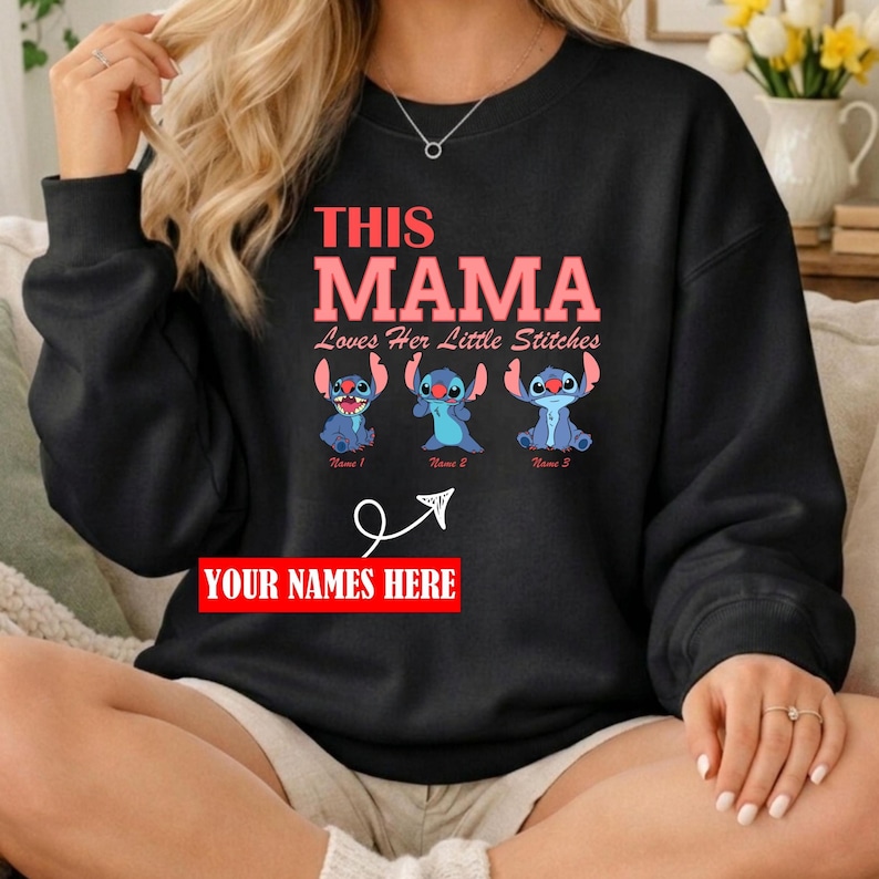 Personalised Mama Loves Her Stitches Jumper | Custom Names T-Shirt | Lilo & Stitch Mother's Day Hoodie image 1