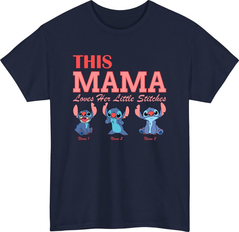 May include: Navy blue t-shirt featuring the text "THIS MAMA Loves Her Little Stitches" in red and pink. Below the text are three cartoon Stitch characters in different poses. The shirt is a crew neck.