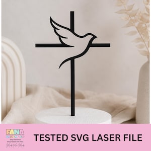 May include: A black laser-cut silhouette of a Christian cross with a stylised dove integrated into the centre, mounted on a circular white base. The design features clean lines and a minimalist aesthetic, suitable for decorative display or religious events.