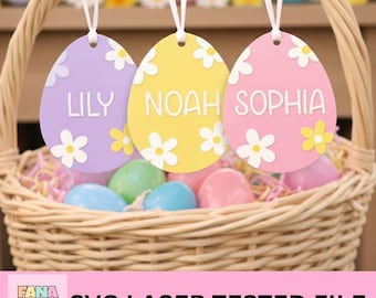 Gepersonaliseerde Easter Egg Tag SVG, Daisy Easter Basket naamplaatje laserbestand, Custom Wood Egg Ornament SVG, Glowforge-bestanden, Spring Daisy SVG