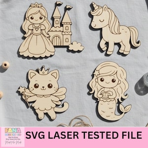 May include: Four wooden cutouts: a princess, a castle, a unicorn, a cat fairy, and a mermaid. The princess wears a crown and gown. The unicorn has a horn and flowing mane. The cat fairy holds a wand. The mermaid holds a shell. Text: SVG LASER TESTED FILE.