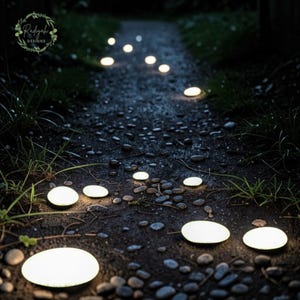 Könnte beinhalten: Ein Gartenweg bei Nacht, beleuchtet von einer Reihe leuchtender, ovaler Lichter. Die Lichter sind entlang des Weges angeordnet und erzeugen ein sanftes Leuchten. Der Weg besteht aus dunkler Erde und kleinen Steinen, mit Gras und Laub auf beiden Seiten.