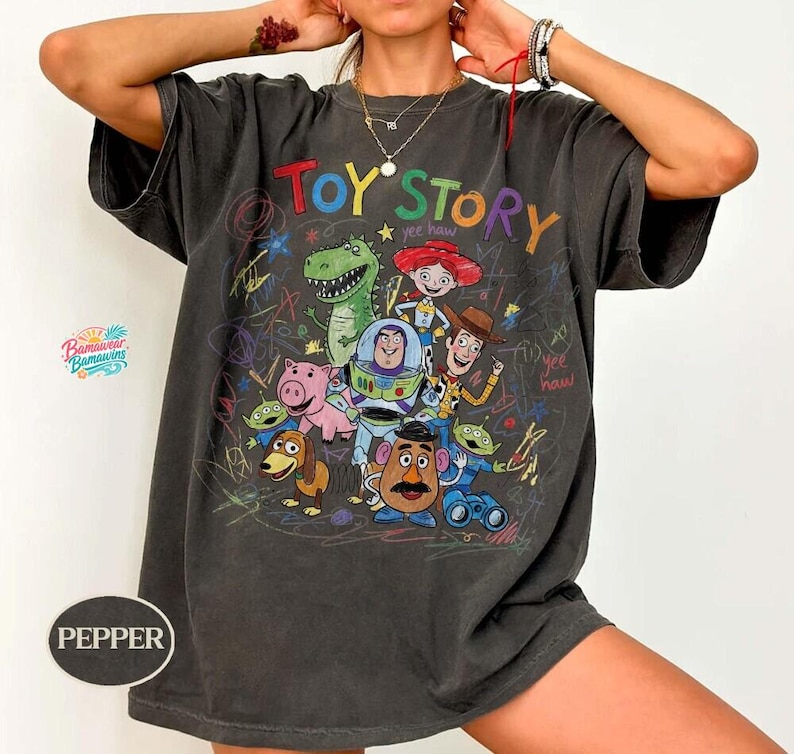 Comfort Colors Vintage Toy Story Kids Shirt, Childlike Drawing Woody Buzz Tee, You've Got a Friend in Me Pixar Top, Disney Family Trip Tee image 1