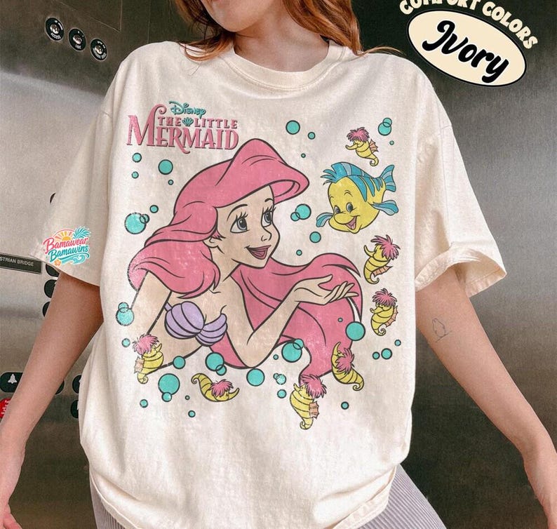 Retro The Little Mermaid Ariel Princess & Flounder Bubble Poster Disney T-Shirt, Gift For Her, Ariel Princess Tee, WDW Disneyland Girl Trip image 3