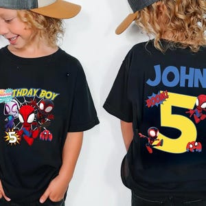 Personalized Spidey and His Amazing Friends Birthday Shirt, Custom Name Age Tee, Kids Spiderman Birthday Boy Outfit, Gift for Son, Party Top Bild 1