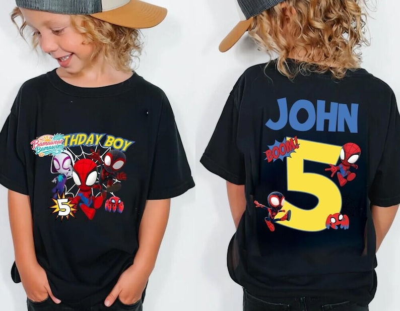 Personalized Spidey and His Amazing Friends Birthday Shirt, Custom Name Age Tee, Kids Spiderman Birthday Boy Outfit, Gift for Son, Party Top Bild 1