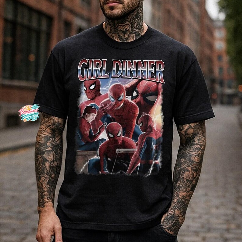 SpideyMan Girl Dinner Shirt, Vintage 90s Bootleg Tee, Retro Graphic Streetwear, Funny Marvel Meme Top, Superhero Gift for Her image 3