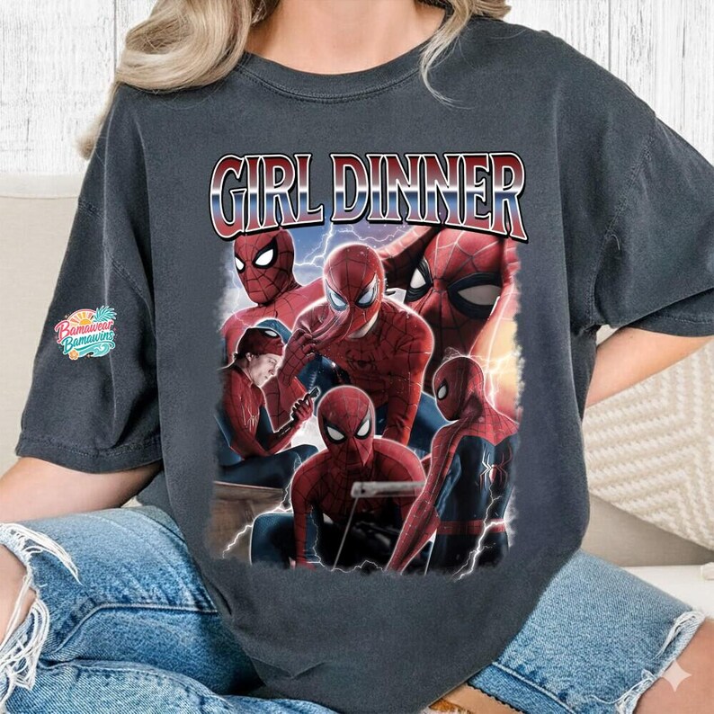 SpideyMan Girl Dinner Shirt, Vintage 90s Bootleg Tee, Retro Graphic Streetwear, Funny Marvel Meme Top, Superhero Gift for Her image 2
