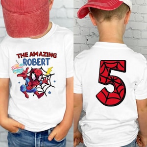 Personalized Spidey Birthday Boy TShirt, Family Matching Spidey Birthday, Custom Name Age Spidey & His Amazing Friends Birthday Shirt image 1
