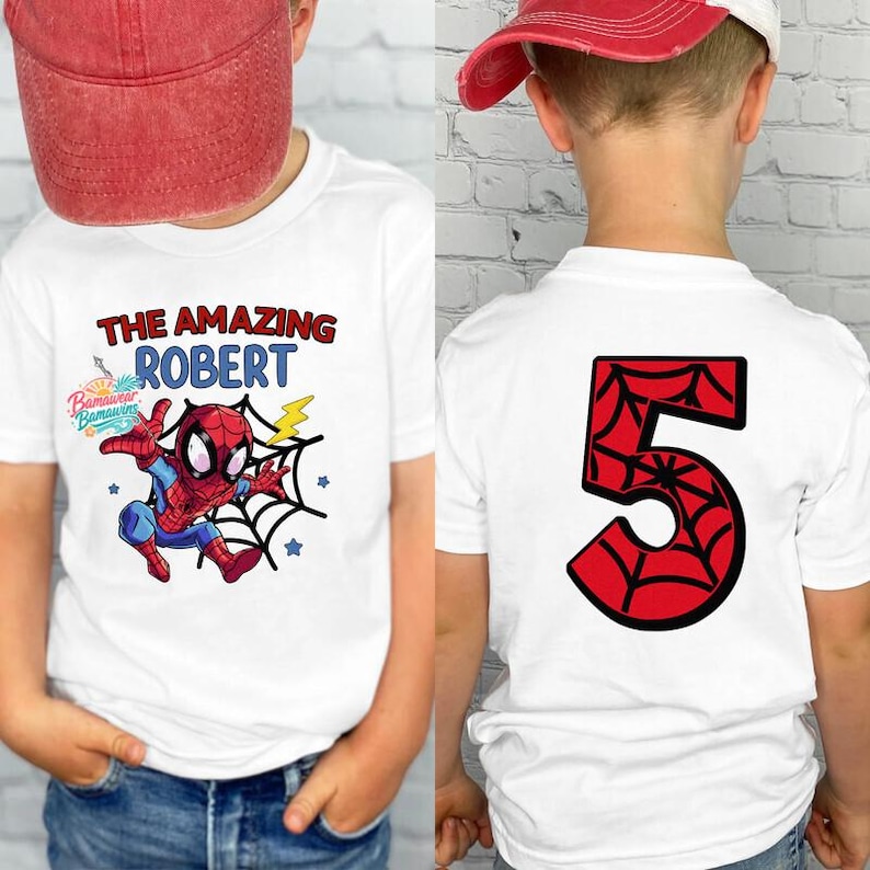 Personalized Spidey Birthday Boy TShirt, Family Matching Spidey Birthday, Custom Name Age Spidey & His Amazing Friends Birthday Shirt image 1