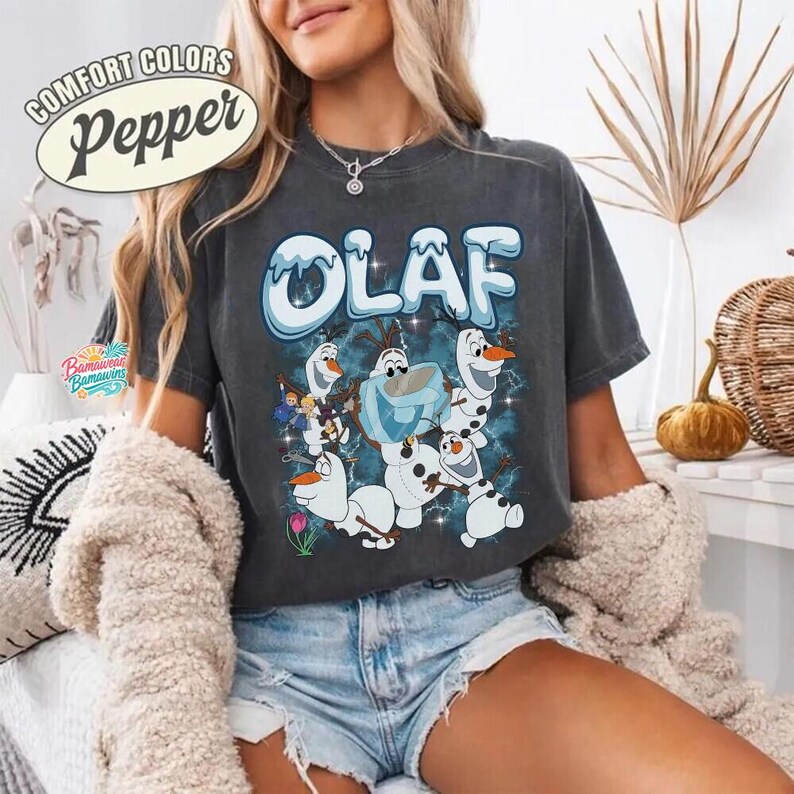 Chemise Olaf la reine des neiges, t-shirt rétro bonhomme de neige Olaf, chemise Bootleg Disneyland des années 90, haut Olaf couleurs confort, cadeau pour fan de la reine des neiges, t-shirt graphique bonhomme de neige image 3