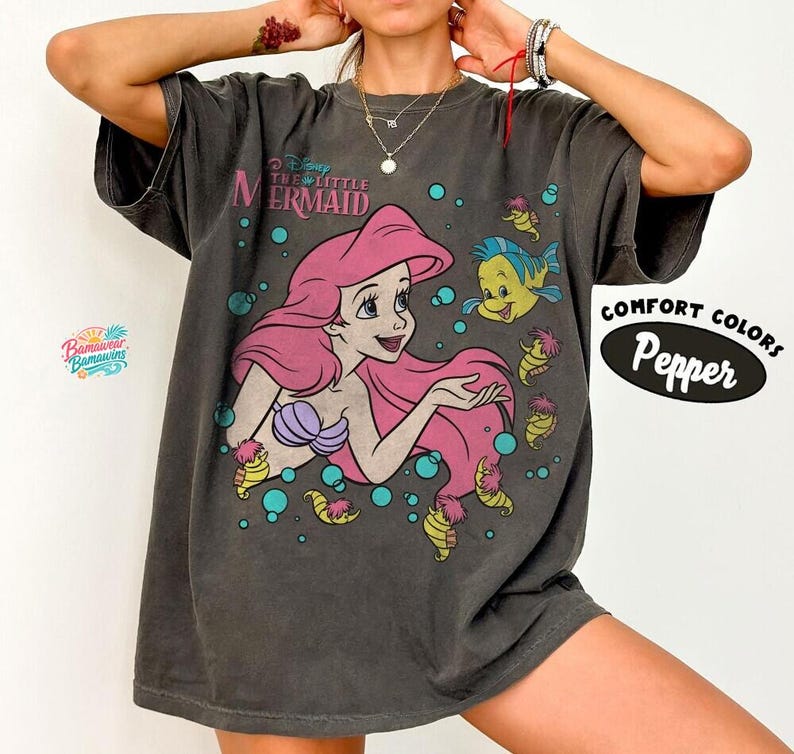 Retro The Little Mermaid Ariel Princess & Flounder Bubble Poster Disney T-Shirt, Gift For Her, Ariel Princess Tee, WDW Disneyland Girl Trip image 1