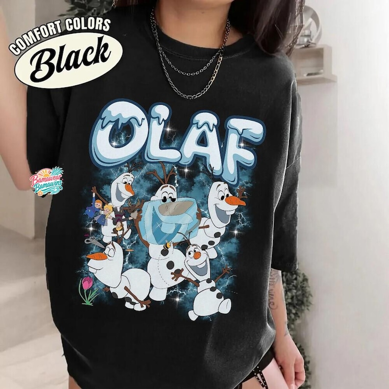 Chemise Olaf la reine des neiges, t-shirt rétro bonhomme de neige Olaf, chemise Bootleg Disneyland des années 90, haut Olaf couleurs confort, cadeau pour fan de la reine des neiges, t-shirt graphique bonhomme de neige image 1