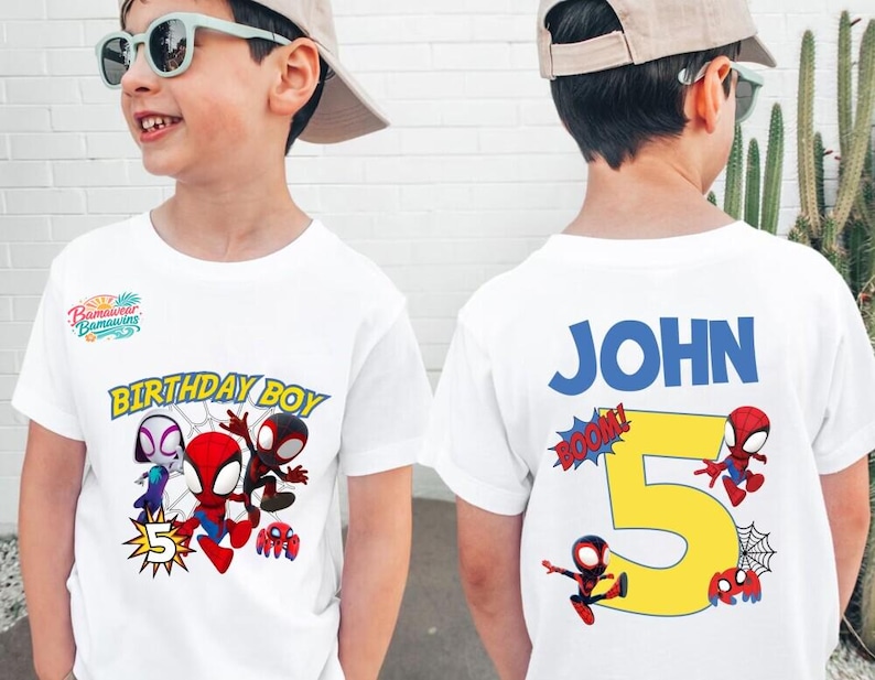 Personalized Spidey and His Amazing Friends Birthday Shirt, Custom Name Age Tee, Kids Spiderman Birthday Boy Outfit, Gift for Son, Party Top Bild 3