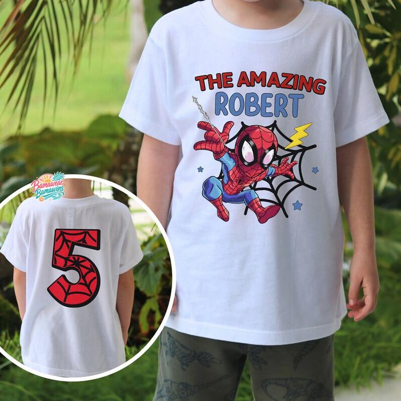 Personalized Spidey Birthday Boy TShirt, Family Matching Spidey Birthday, Custom Name Age Spidey & His Amazing Friends Birthday Shirt image 3