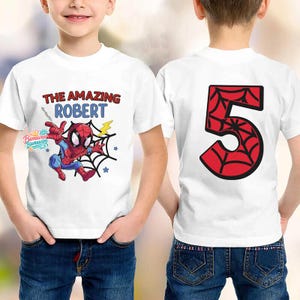 Personalized Spidey Birthday Boy TShirt, Family Matching Spidey Birthday, Custom Name Age Spidey & His Amazing Friends Birthday Shirt image 2