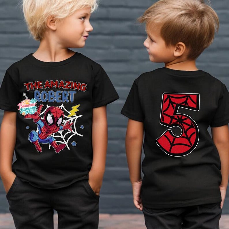 Personalized Spidey Birthday Boy TShirt, Family Matching Spidey Birthday, Custom Name Age Spidey & His Amazing Friends Birthday Shirt image 4