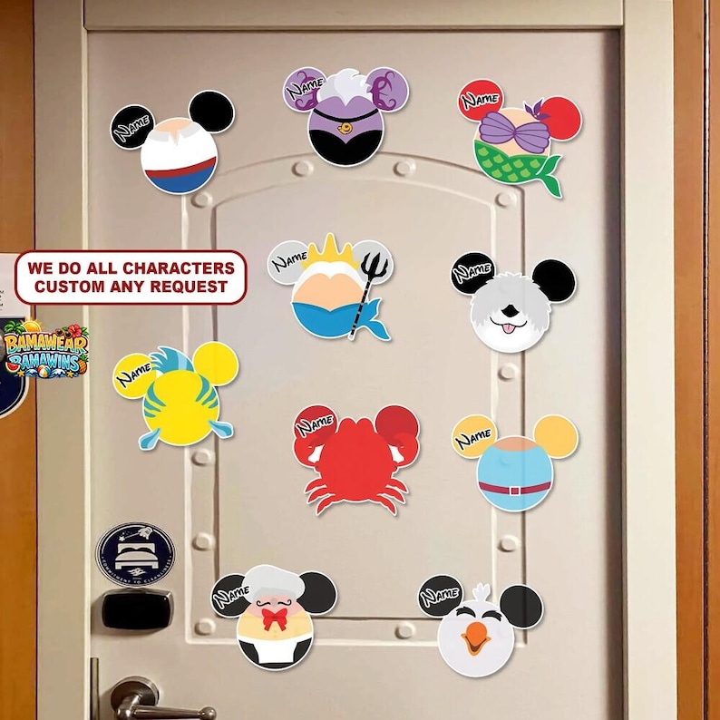 Imán personalizado para la puerta del crucero de La Sirenita de Disney, decoración personalizada para camarotes de Disney Cruise Line, regalos para vacaciones familiares de Disney. imagen 1
