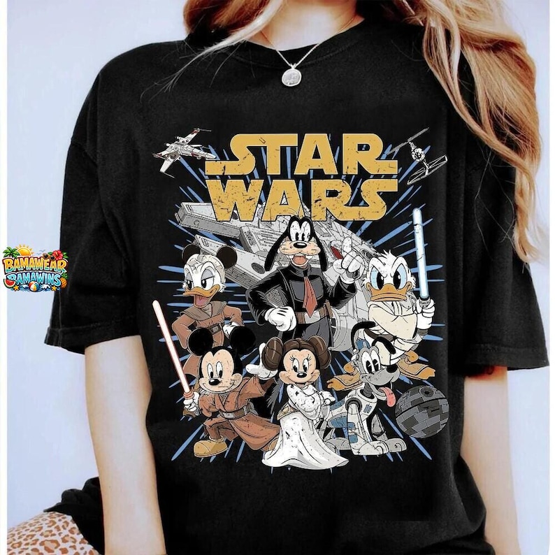Retro Starwars Mickey & Friends Jedi Shirt, Sci-Fi Cartoon Design, Disneyworld Fan Gift, Family Vacation Digital Download image 1