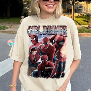 SpideyMan Girl Dinner Shirt, Vintage 90s Bootleg Tee, Retro Graphic Streetwear, Funny Marvel Meme Top, Superhero Gift for Her image 1