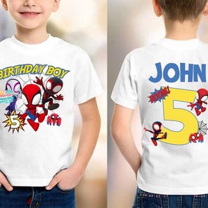 Personalized Spidey and His Amazing Friends Birthday Shirt, Custom Name Age Tee, Kids Spiderman Birthday Boy Outfit, Gift for Son, Party Top Bild 2