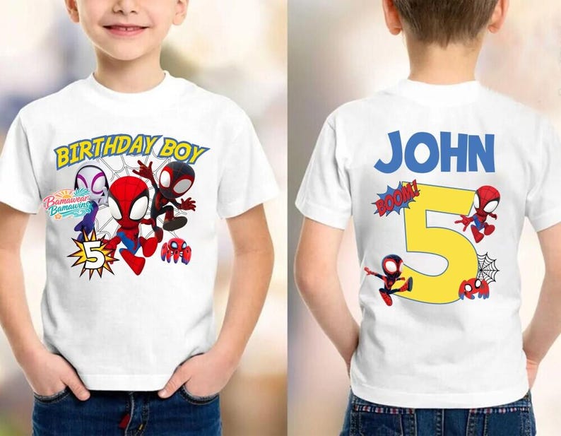 Personalized Spidey and His Amazing Friends Birthday Shirt, Custom Name Age Tee, Kids Spiderman Birthday Boy Outfit, Gift for Son, Party Top Bild 2