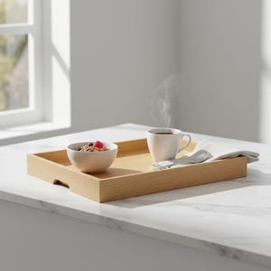 Könnte beinhalten: Ein helles Holzserviertablett enthält eine weiße Schüssel mit Müsli und Beeren, eine weiße Tasse mit dampfendem Kaffee, einen Löffel und eine gefaltete weiße Serviette. Das Tablett hat eine rechteckige Form mit einem eingelassenen Griff.