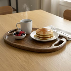 May include: A wooden serving tray holds a white mug of coffee with steam, a small bowl of berries, and a plate of pancakes drizzled with syrup. A white napkin and fork are also on the tray. The tray has two handle cutouts.