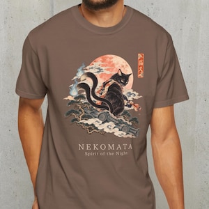 Nekomata Japanese Yokai T-Shirt | Two-Tailed Cat Moon Graphic Tee ( Unisex Comfort Colors® 1717 )