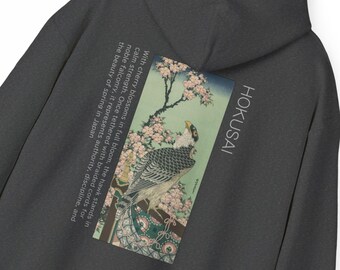 Hokusai Hawk & Cherry Blossom Back print Hoodie | Vintage Japanese Woodblock Print , Unisex  Hooded Sweatshirt