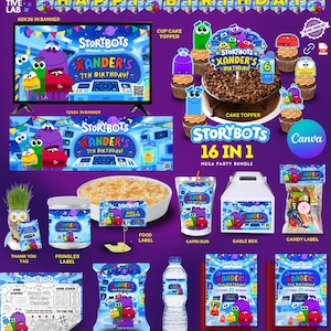 以下が含まれることがあります： StoryBotsの16-in-1パーティーセット。誕生日バナー、ケーキとカップケーキのトッパー、食品ラベル、Capri SunとPringlesのラベル、ギフトボックス、キャンディラベル、サンキュータグ、塗り絵、チップス袋、水ボトルラベル、招待状が含まれています。