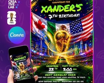 World Cup Birthday Invitation, Editable Canva Soccer Party Invite