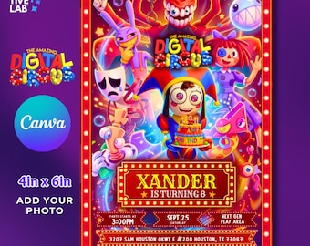 Increíble invitación digital de cumpleaños con temática de circo, editable, invitación digital para fiestas infantiles con temática de circo, plantilla de Canva, añade foto y descarga instantánea.
