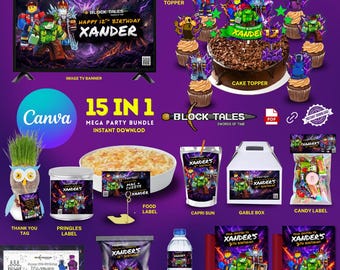 Paquete de fiesta de cumpleaños Block Tales, 15 decoraciones e invitaciones editables en Canva