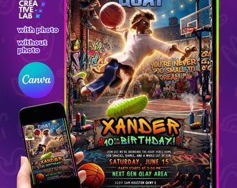 Personaliza tu invitación de cumpleaños con temática de la película GOAT (El Mejor de Todos los Tiempos) en Canva. Invitación para fiesta temática de campeones. Invitación para niño o niña.