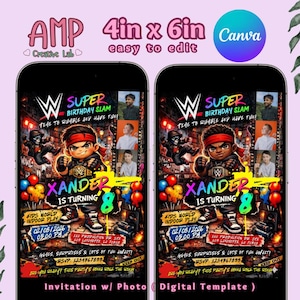 May include: Digital invitation template for a child's birthday party. The design features a cartoon wrestler, the text "Super Birthday Slam," and the child's name, "Xander," who is turning 8. The invitation is 4 inches by 6 inches.