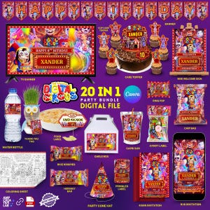 Könnte beinhalten: Ein digitales Party-Bundle mit Zirkus-Thema, einschließlich TV-Banner, Kuchentopper, Einladungen, Wasserflaschenetiketten und mehr. Das Design verwendet leuchtende Farben wie Lila, Rot und Gelb. Der Text "Happy 8th Birthday Xander" ist auf mehreren Artikeln zu sehen.