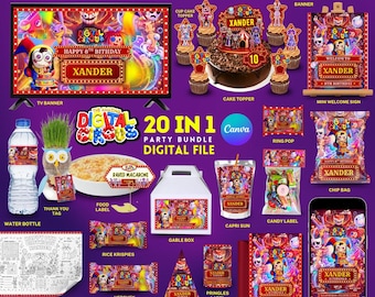 Personaliza un increíble set de fiesta de cumpleaños digital con temática de circo, editable, plantilla de Canva, descarga instantánea de Canva.