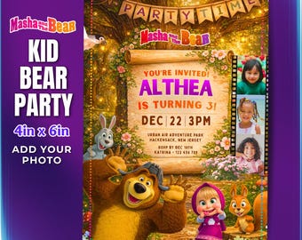 Invitación de cumpleaños de Masha y el Oso editable en Canva, invitación para fiesta infantil con temática de bosque, cumpleaños con temática de osos, Masha y el Oso