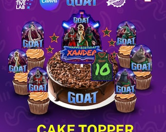 Adorno personalizado para pastel de cumpleaños de la película GOAT, adorno para cupcakes, Canva editable, invitación para fiesta del mejor de todos los tiempos, cumpleaños con temática de campeones