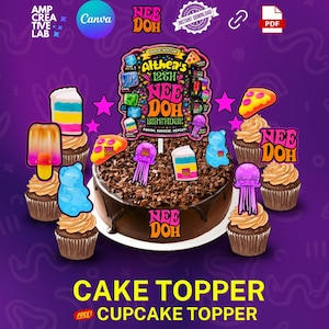 May include: A chocolate cake and cupcakes decorated with Nee Doh themed toppers. The toppers feature colourful graphics of pizza slices, gummy bears, jellyfish, and cake slices. The central topper displays the text Althea's 12th Nee Doh Birthday.