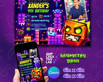 Invitación de cumpleaños de Geometry Dash con foto, plantilla de Canva fácil de editar para fiestas infantiles de gamers.