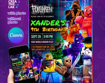 Invitación de cumpleaños editable de Forsaken Roblox, invitación a fiesta de juego de terror de Roblox, plantilla de Canva, agregar foto, descarga instantánea para niños