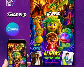 Invitación de cumpleaños con temática de película "Swapped" para 2026 con foto, plantilla de Canva fácil de editar para fiestas infantiles de dibujos animados / Plantilla digital