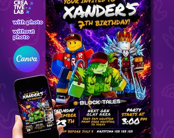 Invitación de cumpleaños de Block Tales, Blocktales editable en Canva