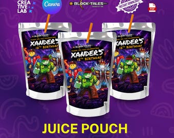 Etiqueta de Block Tales para Capri Sun, etiqueta para bolsa de jugo Blocktales, decoración de fiesta de cumpleaños de juegos en Canva, fiesta de cumpleaños de juegos editable en Canva