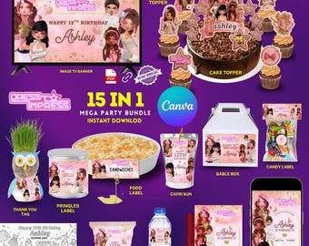 Paquete de fiesta "Vístete para impresionar", plantilla editable de Canva 15 en 1, decoraciones de moda para fiestas de cumpleaños, kit de fiesta "Glam Girls", descarga instantánea.
